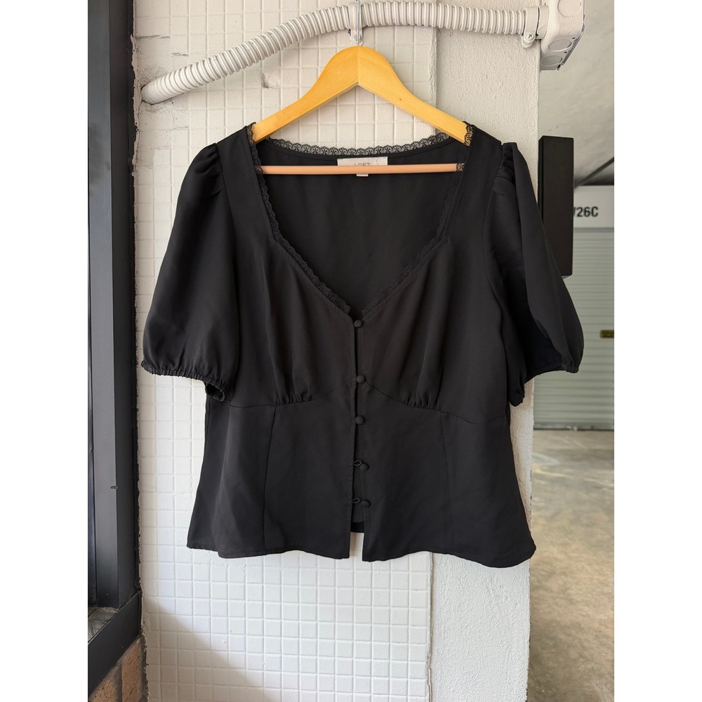 LOFT Black Lace-Trim Puff Sleeve Button Front Top - Picture 2 of 9